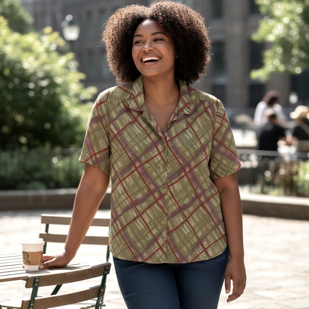 DonnKenny Casual Short Sleeve Top Geo Plaid XL Grannycore Button Shoulder Pad